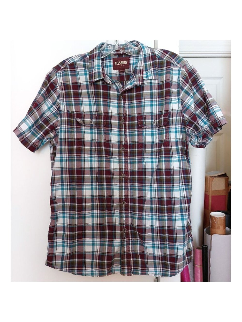 NEW 100% Cotton Mens Shirt Short-Sleeve Plaid - Size M Tall / L Regular
